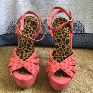 Pink studded strappy heels with gold buckle